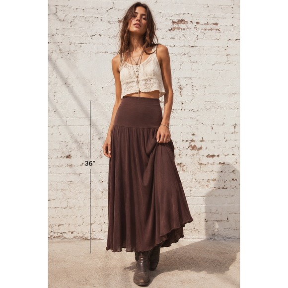 Dresses & Skirts - Vintage Brown Rayon Blend Knit Midi Skirt High Waist Flared Boho 90s XL